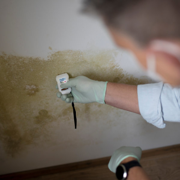 Feuchtigskeitsmessung an einer Kellerwand mit Feuchtigkeitsschäden und Schimmelbildung